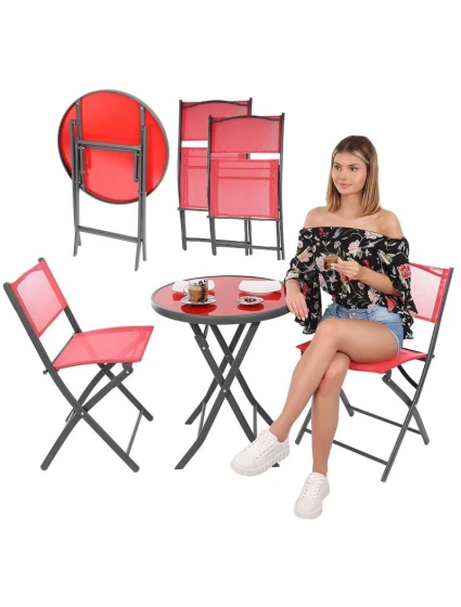 BALKÓNOVÝ NÁBYTOK SADA OKRÚHLY STÔL A 2 SKLADACIE STOLIČKY ČERVENÁ