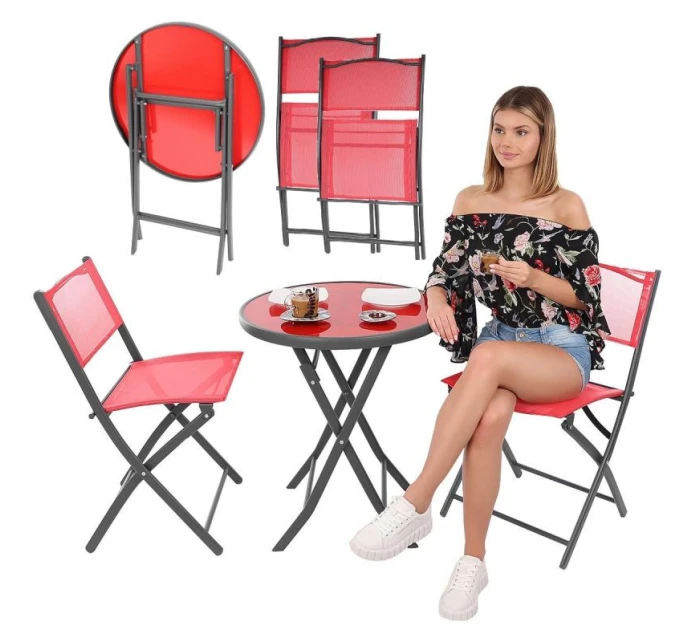 BALKÓNOVÝ NÁBYTOK SADA OKRÚHLY STÔL A 2 SKLADACIE STOLIČKY ČERVENÁ