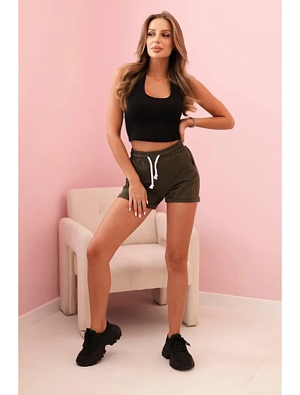 Dámské bavlněné šortky s gumou a zavazováním v pase khaki