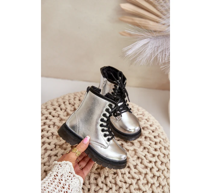 Ocieplane Botki Dziewczęce Lakierowane Na Zamek Srebrne Novita