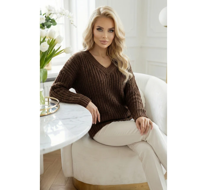 Teplý svetr oversize s vazbou a výstřihem do V model 21865253 - numoco basic