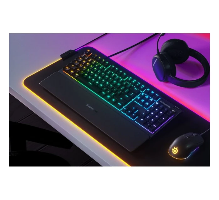 SteelSeries Apex 3 Gaming Keyboard, US Layout, Wired, Black SteelSeries Apex 3 Gaming Keyboard Vodotesná IP32 pre ochranu proti poliatiu, prispôsobiteľné 10-zónové RGB osvetlenie reaguje na hry a Discord, tiché herné spínače vydržia dlho
