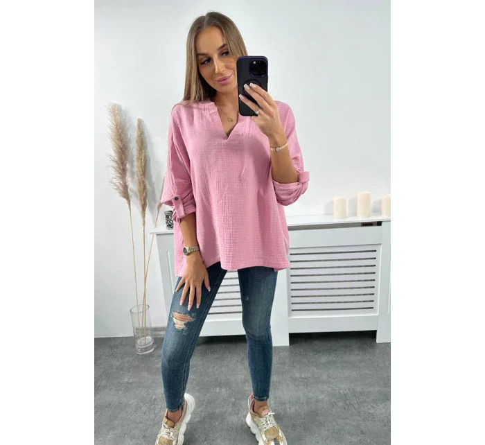 Mušelínová blúzka s vyhrnutými rukávmi svetlo ružová