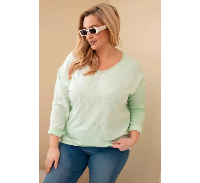 Dámská blůza Plus Size s potiskem a perličkami mátová