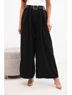 Dámske široké nohavice s opaskom čierne