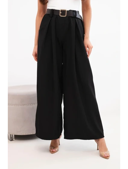 Dámske široké nohavice s opaskom čierne