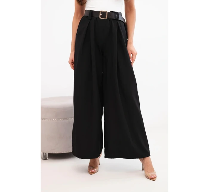 Dámske široké nohavice s opaskom čierne