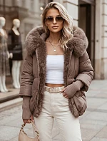 Dámska zimná bunda s kožušinou a kapucňou v farbe taupe, FashionStreet TY5888