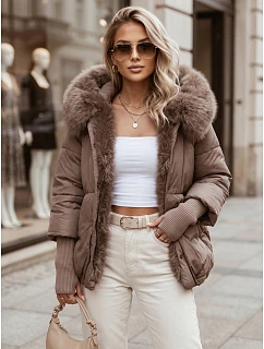 Dámska zimná bunda s kožušinou a kapucňou v farbe taupe, FashionStreet TY5888