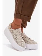 Kožené síťované dámské tenisky na platformě s páskem na podpatku model 22100279 béžové - D&A