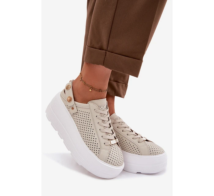 Kožené síťované dámské tenisky na platformě s páskem na podpatku model 22100279 béžové - D&A
