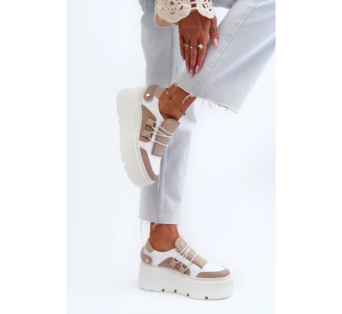 Zazoo 1833 Sneakersy Damskie Skórzane Na Masywnej Podeszwie Beżowo-Białe