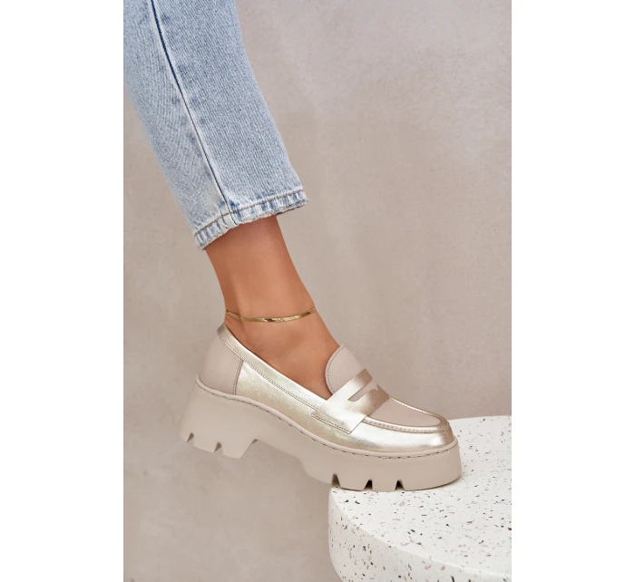 Skórzane Mokasyny Damskie Na Platformie I Płaskim Obcasie Zazoo 20191 Złote
