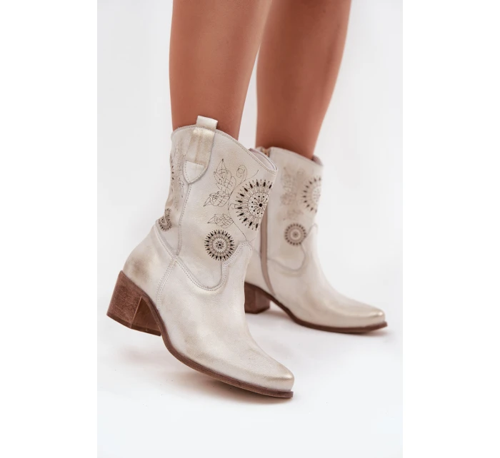 Zamszowe Skórzane Botki Damskie Ażurowe Na Obcasie Zazoo 3844 Złoty Przecierany