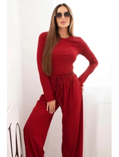 Dámský viskózový komplet s halenkou a širokými kalhotami bordový