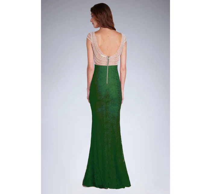 Dámske spoločenské šaty šoky soka s perličkami a čipkou dlhé zelené - Zelená - šoky & soka