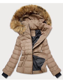 Krátka béžová dámska zimná bunda s kožušinou (5M768-62)