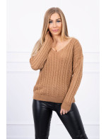 Pletený sveter s výstrihom do V ťavie farby