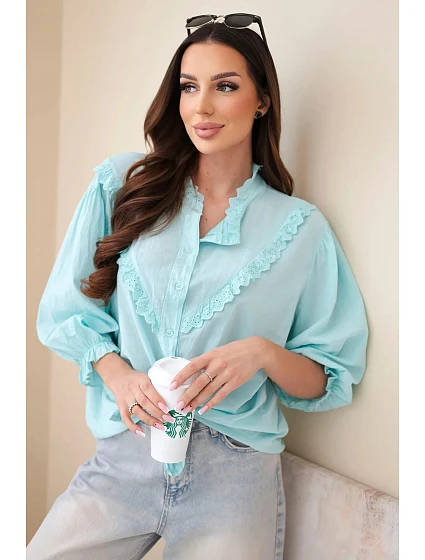 Dámská bavlněná košile s krajkou a zavazováním mentolová