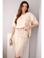 Dámsky maslový set s blúzkou a midi sukňou béžovej farby