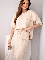 Dámsky maslový set s blúzkou a midi sukňou béžovej farby