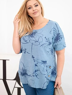 Dámske bavlnené Plus veľkosť blúzka s krátkymi rukávmi a vreckom Denim