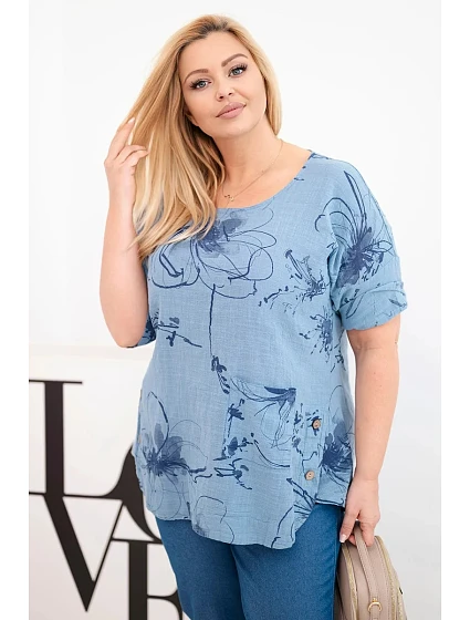 Dámske bavlnené Plus veľkosť blúzka s krátkymi rukávmi a vreckom Denim
