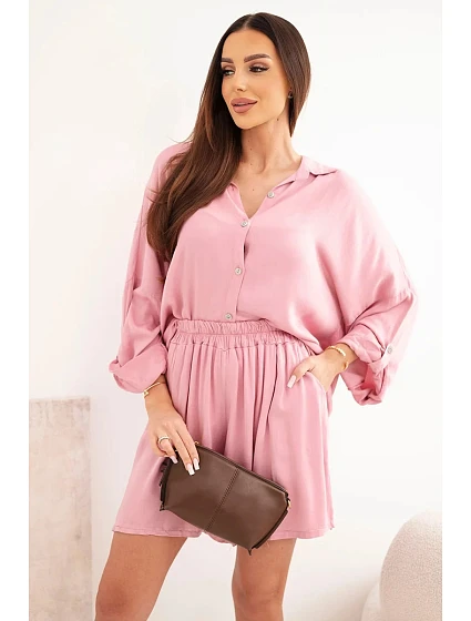 Dámský komplet z model 22111809 košile s knoflíky a volné šortky tmavě růžová - K-Fashion