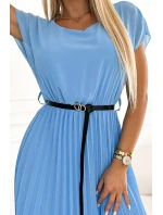 548-2 Plisované midi šaty s čiernym opaskom - MODRÉ 548-2 Plisované midi šaty s čiernym opaskom - MODRÉ