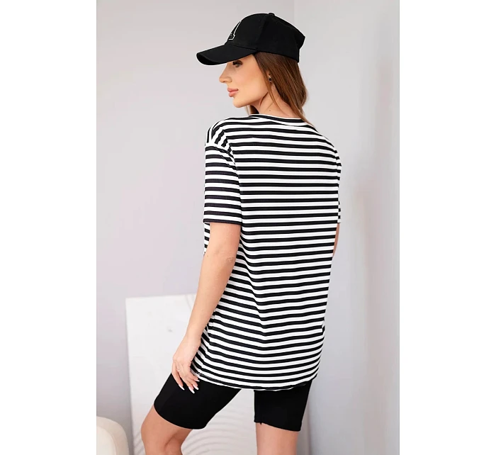 Dámsky viskózový pruhovaný komplet s krátkymi rukávmi a šortkami čierny