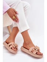 Klapki Damskie Z Kokardą I Złotą Broszką Beżowe Lynara