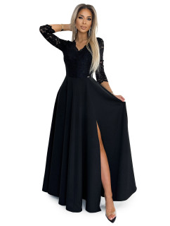 Elegantné čipkované dlhé šaty AMBER s výstrihom a rozparkom na nohách - čierne