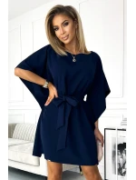 SOFIA Tmavě modré dámské šaty se zavazováním v pase model 17911531 - numoco