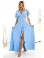 dlouhé šaty s rozparkem na rukávy a výstřihem MODRÉ model 20959370 - numoco