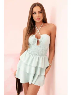 Dámske šaty s odhalenými ramenami, volánikmi a volánikmi tmavej mentolovej farby