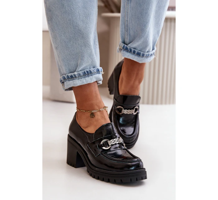 Zazoo 20175 Lakierowane Półbuty Damskie Na Słupku Skóra Naturalna Czarne