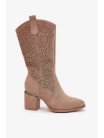 Dámske perforované čižmy do polovice lýtok v kovbojskom štýle S.Barski - béžové, ekokoža