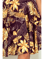 Rozšírené dámske šaty so vzorom zlatých listov as výstrihom v tvare srdca 114-13
