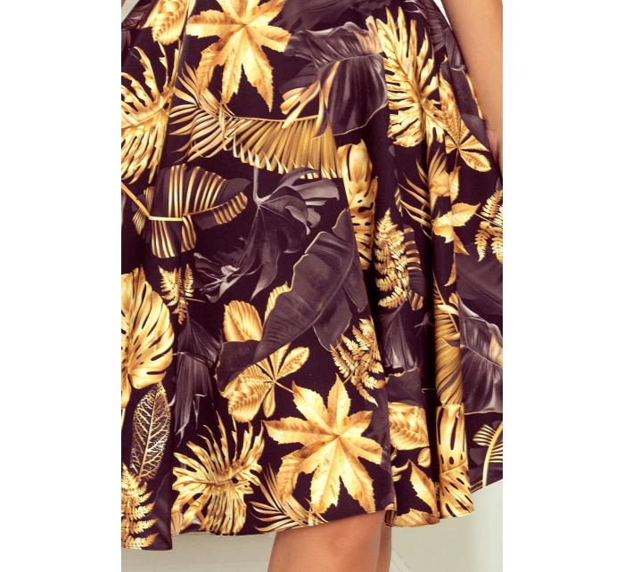 Rozšírené dámske šaty so vzorom zlatých listov as výstrihom v tvare srdca 114-13