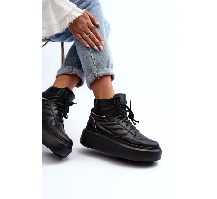 Zazoo 3392/X Damskie Skórzane Buty Sportowe Na Platformie Czarne