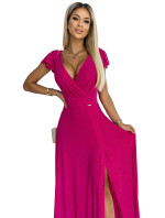 CRYSTAL - Dlhé dámske lesklé šaty vo fuchsijovej farbe s výstrihom 411-5