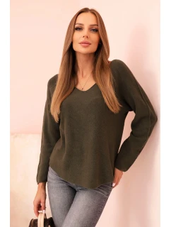 Dámsky viskózový sveter s výstrihom do V tmavej khaki farby