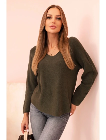 Dámsky viskózový sveter s výstrihom do V tmavej khaki farby Dámsky viskózový sveter s výstrihom do V tmavej khaki farby