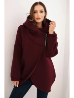 Dámska zateplená mikina s kapucňou a asymetrickým zipsom bordová