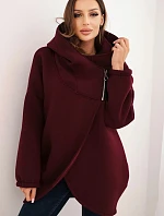 Dámska zateplená mikina s kapucňou a asymetrickým zipsom bordová