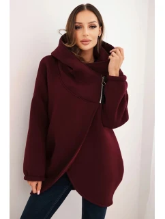 Dámska zateplená mikina s kapucňou a asymetrickým zipsom bordová