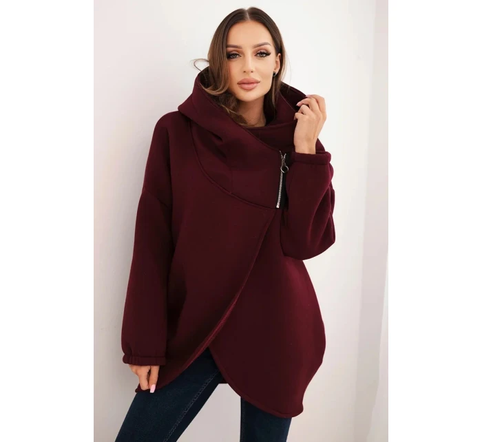 Dámska zateplená mikina s kapucňou a asymetrickým zipsom bordová