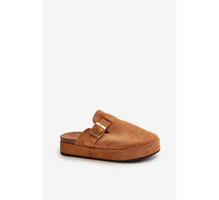 Damskie Klapki Chodaki Na Platformie Ze Złotą Klamrą Camel Terilaina Damskie Klapki Chodaki Na Platformie Ze Złotą Klamrą Camel Terilaina