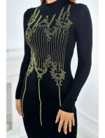 Pletené šaty so vzorom zlatej kubickej zirkónie čierny