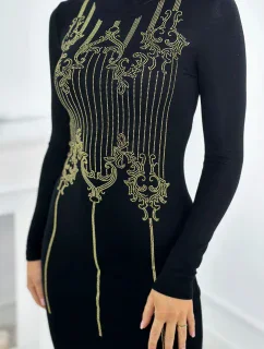 Pletené šaty se vzorem zlaté  černý model 19150873 - K-Fashion